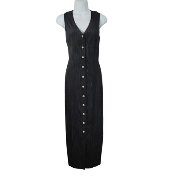 Vintage 90s Y2K Suit Pinstriped Button Down Midi Dress in Midnight Navy/Black - Picture 3 of 11